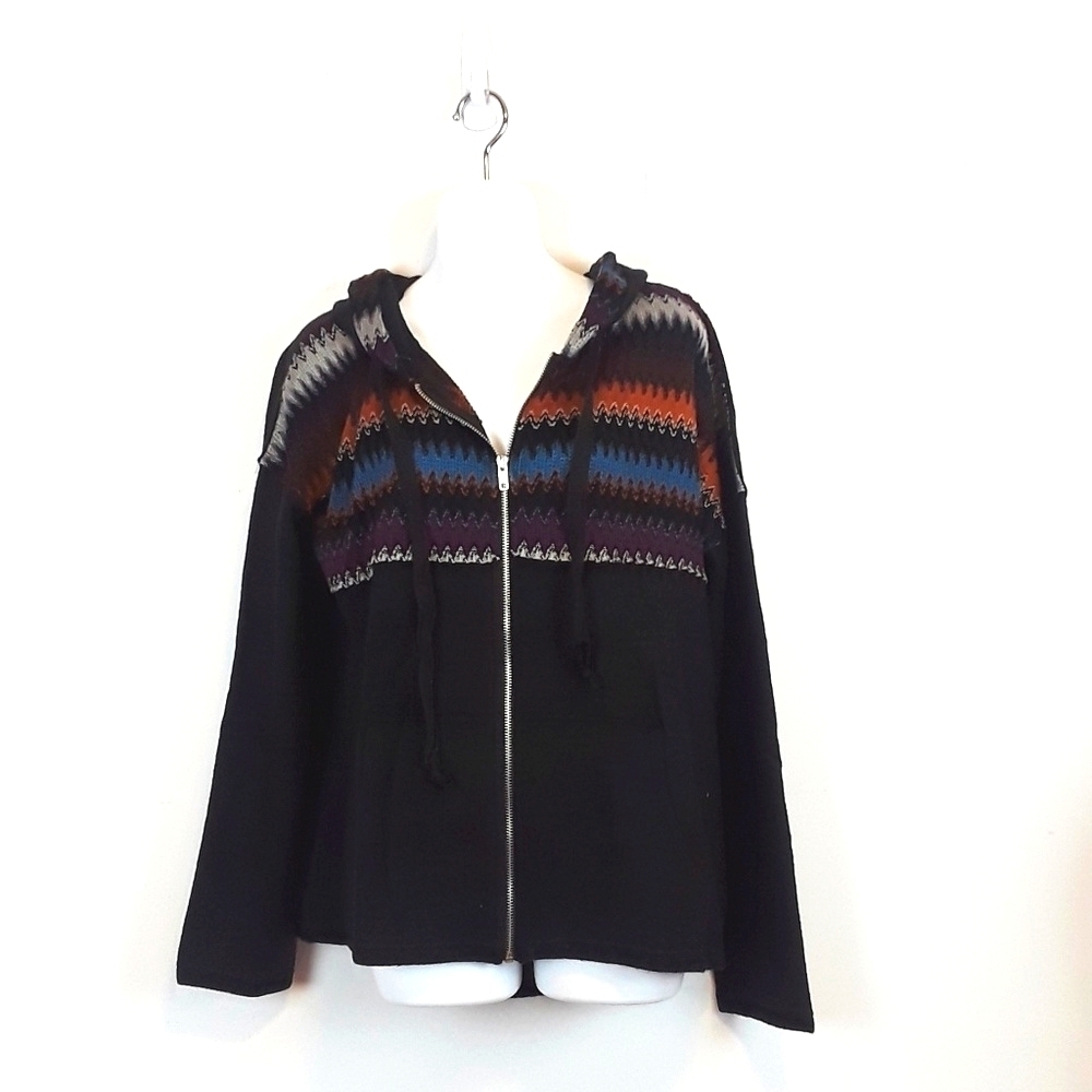Hem & Thread zip up black Aztec hoodie sweatshirt